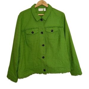 Chico’s Green Textured Tweed Fringe Jacket Size 3/